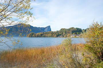 view to Drachenwand mountain, lake Mondsee in autumn, Salzkammergut austria