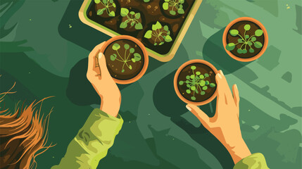 Woman taking pot with seedlings from tray on green background