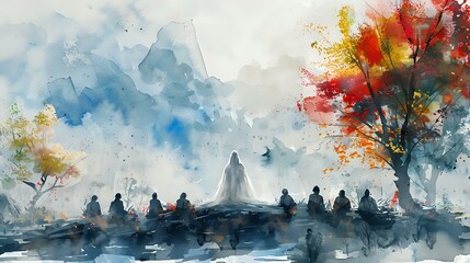 Ethereal Watercolor Depiction of Reverence and Human Connection