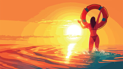 Woman throwing lifebuoy ring on water Vector style vector - obrazy, fototapety, plakaty