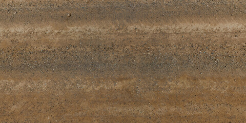 panorama of road from above on surface of gravel road with car tire tracks