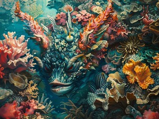 Fantastical portrayal of a demon with aquatic features, hidden in a coral reef, blending into the vibrant undersea flora and fauna