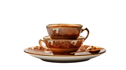 A set of three delicate tea cups with matching saucers, arranged elegantly on a table