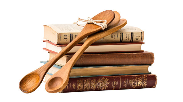 A wooden spoon rests atop a stack of books