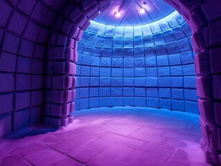 A futuristic, circular room with ice cube walls, illuminated by blue and purple neon lights, creating a high-tech and immersive atmosphere.