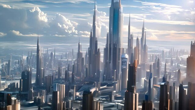 A remarkable sight of a city with advanced architecture emerging from an expansive body of water, A futuristic cityscape with state-of-the-art skyscrapers