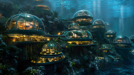  a futuristic underwater city. There are many tall buildings and structures, and the city is lit up by a blue light. There are also some fish and other sea creatures swimming around.
