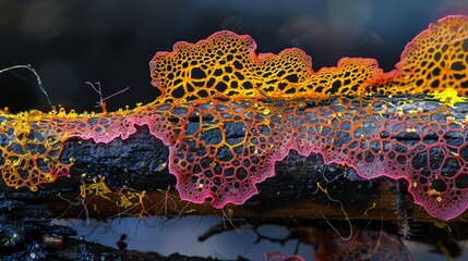 Vivid closeup photograph of slime mold spreading across a decaying log, highlighting its intricate network of veinlike structures and bright colors