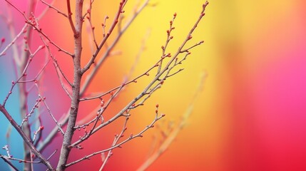 Warm gradient background with silhouetted bare branches.