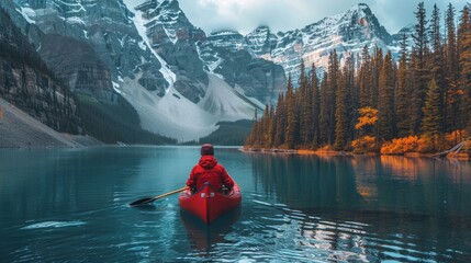 Person in Red Jacket Paddling Canoe on Lake. Generative AI