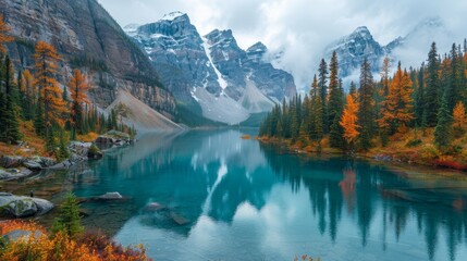 Lake Surrounded by Trees and Mountains. Generative AI