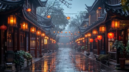 Rainy Street With Lanterns. Generative AI