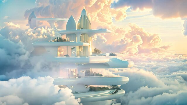 A breathtaking Video capturing a technologically advanced city floating gracefully amidst the ethereal clouds, A futuristic playground floating in the clouds