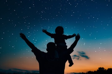 child sitting on their father's shoulders, their tiny silhouette reaching up towards the stars as they marvel at the beauty night sky, Generative AI