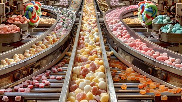 Conveyor belt in candy factory automates pastel sweets production and packaging . Concept Candy Factory Automation, Pastel Sweets Production, Conveyor Belt System, Packaging Process