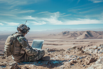photo surrounded by the vastness of the desert, a soldier engages in tactical communication using a laptop computer and radio equipment, essential tools for success in the midst of