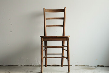A simple ladderback chair with a white backdrop.