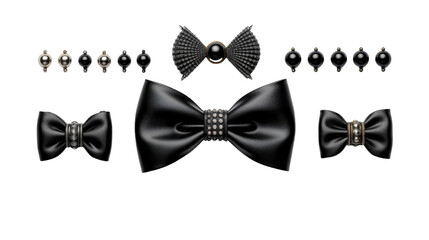 A collection of stylish black bow ties and pins arranged neatly