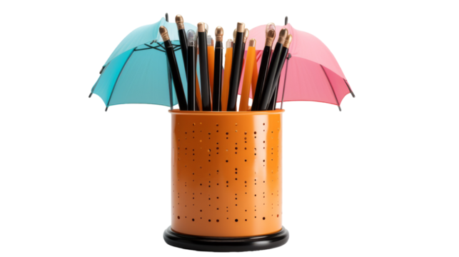 A cup filled with colorful pencils and miniature umbrellas, creating a whimsical and imaginative display
