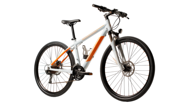 A sleek white and orange bicycle parked on a pristine white background