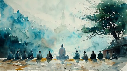 Tranquil Watercolor Illustration of Reverence and Human Connection