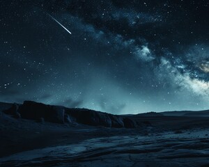 Meteor shower illuminating the night sky above a remote, dark landscape on Earth