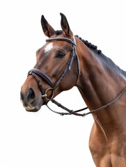 Fototapeta premium Portrait of a dark horse with a sleek coat and attentive expression, isolated on a white background.