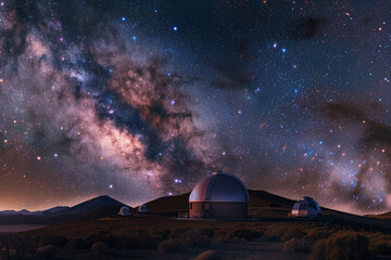 photo against the breathtaking backdrop of the Milky Way, an observatory rises, its domes gleaming under the celestial canopy, inviting exploration of the cosmos,
