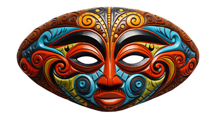 A colorful mask shines against a crisp, white background