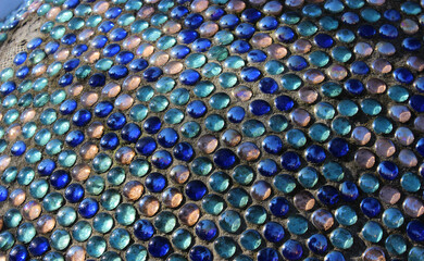 Abstract Background Of Blue Glass Round Mosaic Tiles. Facade Decoration Stock Photo
