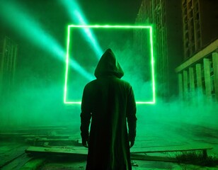 A mysterious hooded figure seen from behind in front of a thin glowing square made of green