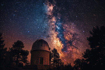 Obraz premium in the gentle glow of the Milky Way, an observatory stands as a beacon of discovery, offering a gateway to the wonders of the universe beneath the vast night sky,