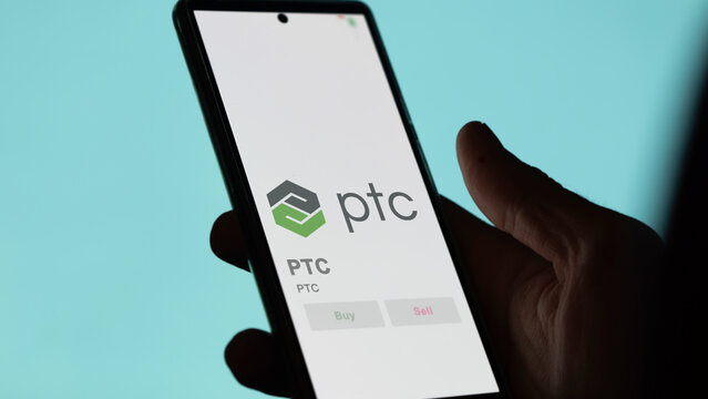 April 09th 2024 , Boston, Massachusetts. Close up on logo of PTC on the screen of an exchange. PTC price stocks, $PTC on a device.