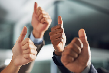 Hands, support and business people with thumbs up for success, agreement and thank you gesture....