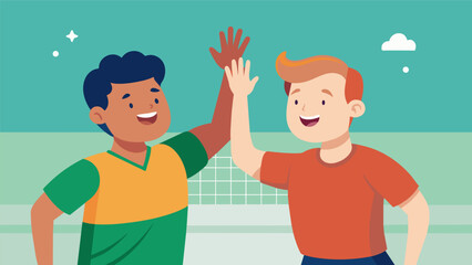 Two teenagers with Down Syndrome smiling and highfiving each other as they score a goal during a game of adaptive soccer.. Vector illustration