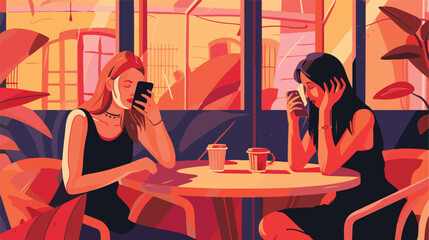 Women using mobile phones in cafe closeup Vector style