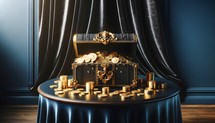 concept of wealth, gold coins spilling out of a treasure chest on a minimalist black table against a deep blue velvet background.
