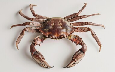 Overhead view of a spotted crab with pincers outstretched, isolated on white background.