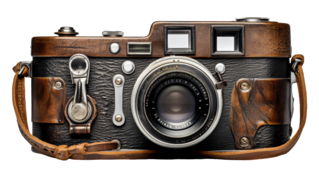 An antique camera with a worn leather strap, symbolizing a timeless era of capturing moments