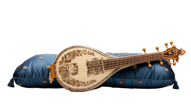 A blue pillow holds a musical instrument on top, creating a harmonious and artistic scene - Powered by Adobe