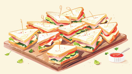Wooden board of delicious sandwiches with cream chees