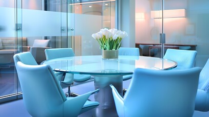 Elegant Corporate Meeting Space with Frosted Glass Table and Pastel Blue Chairs under Soft LED Lighting
