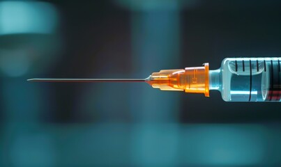 Close-up of a medical syringe tip against a dark background