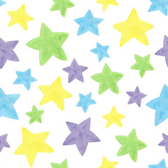 A set of watercolor multicolored stars on a white background in a seamless pattern, hand-drawn. Endless colorful star pattern for holiday, decoration, children's design, wrapping paper, fabric.