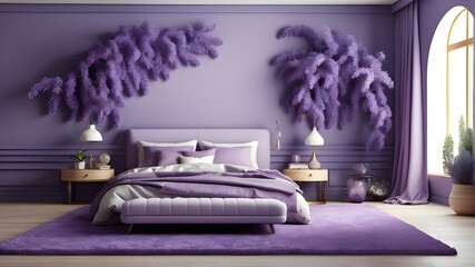 Very peri-color year bedroom. A bed of purple lavender and a brilliant, empty wall of lavender. Amethyst, cornflower, and periwinkle are the hues of a blank interior design. 3D model