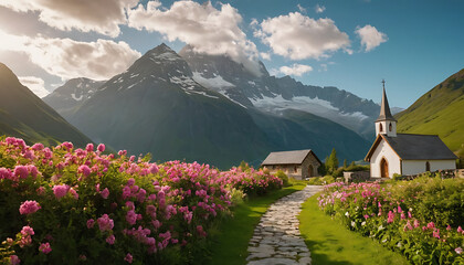 church in the mountains with lush green grass and summer bloom  - Powered by Adobe