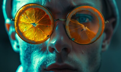 Man wearing glasses with orange slices, surreal artistic expression in blue tone