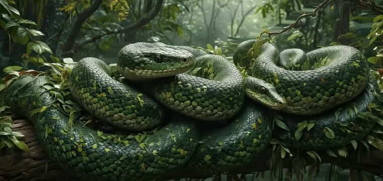 Two green pythons on a trunch