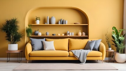 A sofa in a modern living room is yellow mustard. Wall of beige stucco plaster without any framing. shelves and plants. bluish elements
