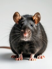 Close-up of a dark-colored mouse with large ears and shiny eyes on a white background.